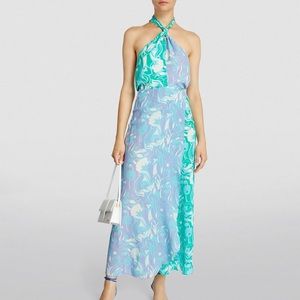 Rixo Silk Floral Bluebelle Halter Maxi Dress Size M